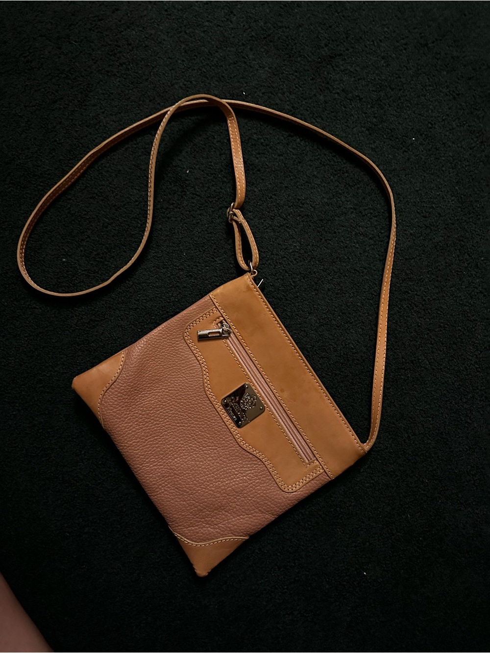 Compact Tan Crossbody Bag with Front Zip Pocket